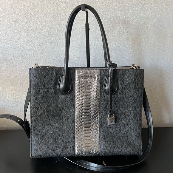 Michael Kors Mercer Large Convertible Center Stripe Satchel Black Leather Tote - Picture 1 of 7